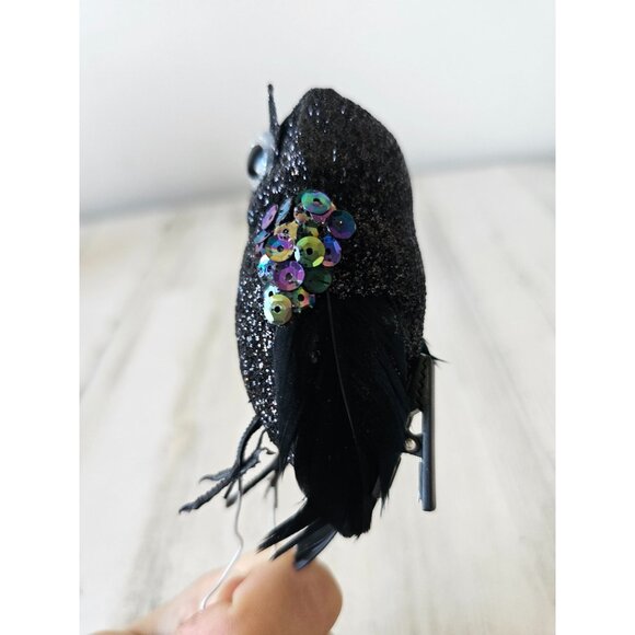 Clip sparkle glitter owl ornament black sequin feather Halloween tree - Picture 3 of 9